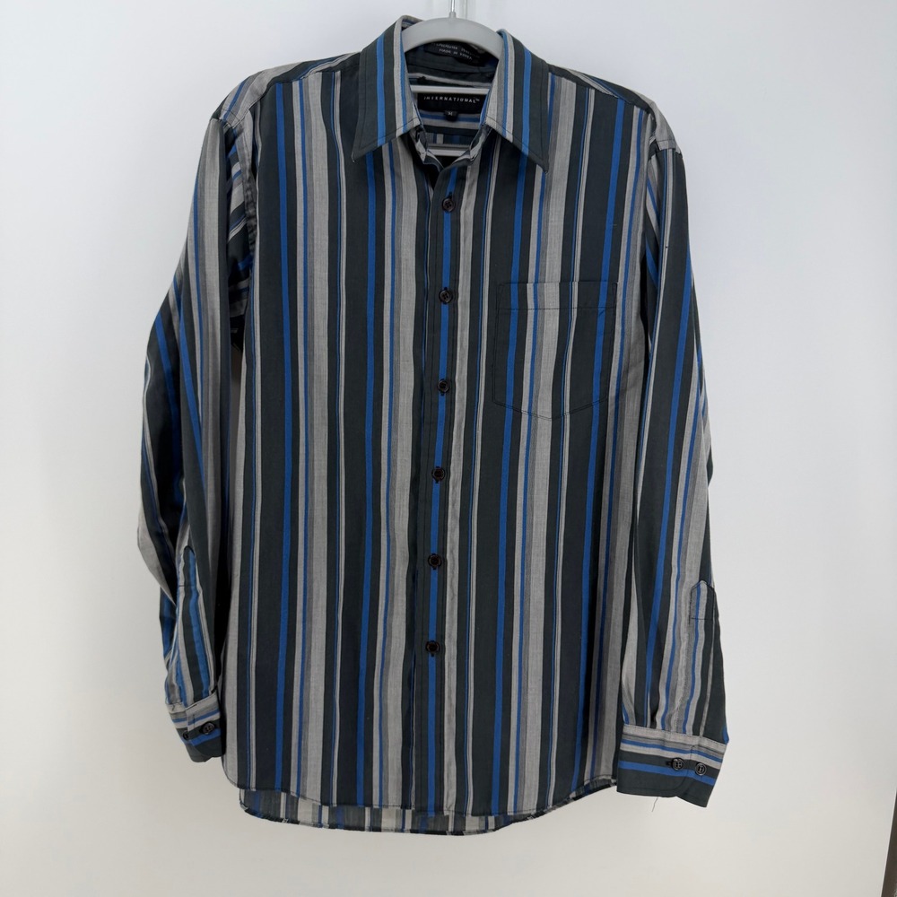 Expressions International Button Down Mens‎ Medium Blue Gray Striped Long Sleeve